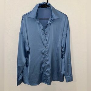 SHEIN Blue Satin Blouse Classic Collar